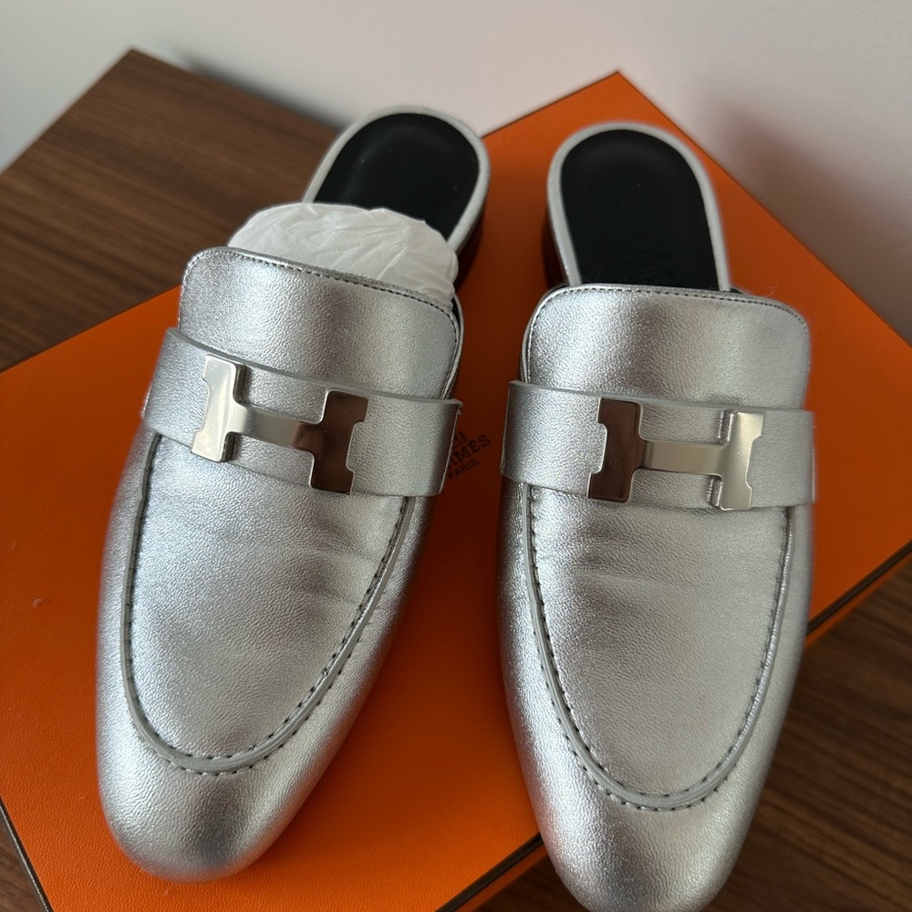 Hermes Silver Mules